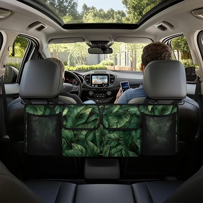 Palm Leaves Design Back Seat Trunk Organizer,Car Trunk Storage Organizer with Lid Keep your Trunk Clean and Tidy 4 Large Pockets Not Easy to Fade Machine Washable