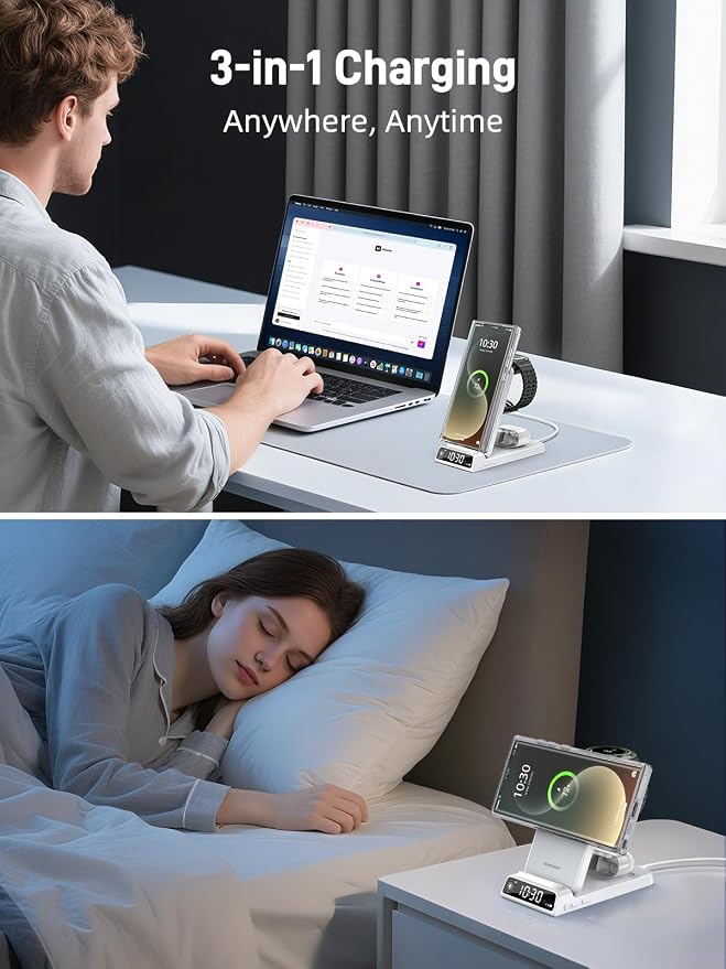 Magnetic Wireless Charger for Samsung, 3 in 1 Android Charging Station for Galaxy S26 Ultra/S25 Ultra/Z Fold/Flip, Galaxy Watch 8/8 Classic/Ultra, Buds 4, Nightstand Bedside Stand (with Adapter)