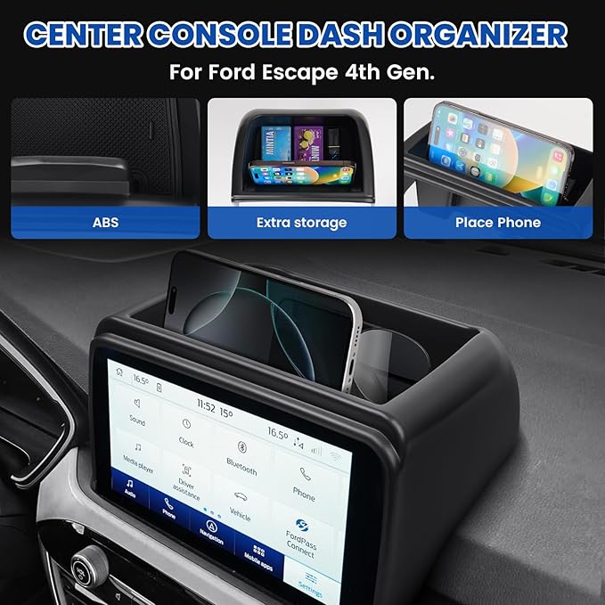 Autorder Center Console Dash Organizer for 2020-2025 2026 Ford Escape Accessories 8-inch Dashboard Insert Tray with Cellphone Holder Storage Box with Anti-Slip Mat(Not fit 13.2-Screen)