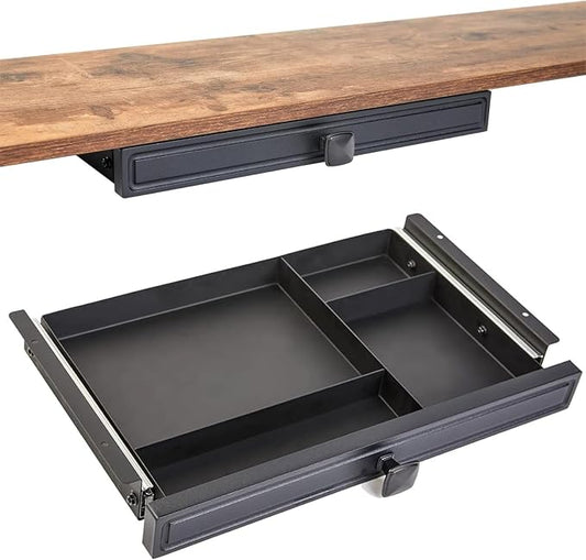 GOME Under Desk Slide out Pencil Drawer with Space Divider Design for Storing Pencil and Office Accessories, Underdesk Pull out Tray Organizer Mounted for Sit Stand Workstation