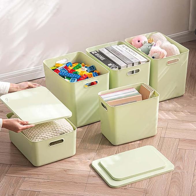 5 pack large plastic White storage bins with Lids, Toy Box Chest with Handle，Organizer Containers Baskets for Baby,Nursery，Shelves，Playroom, Bedroom，Office,Closet，home (Light Green, 5L)