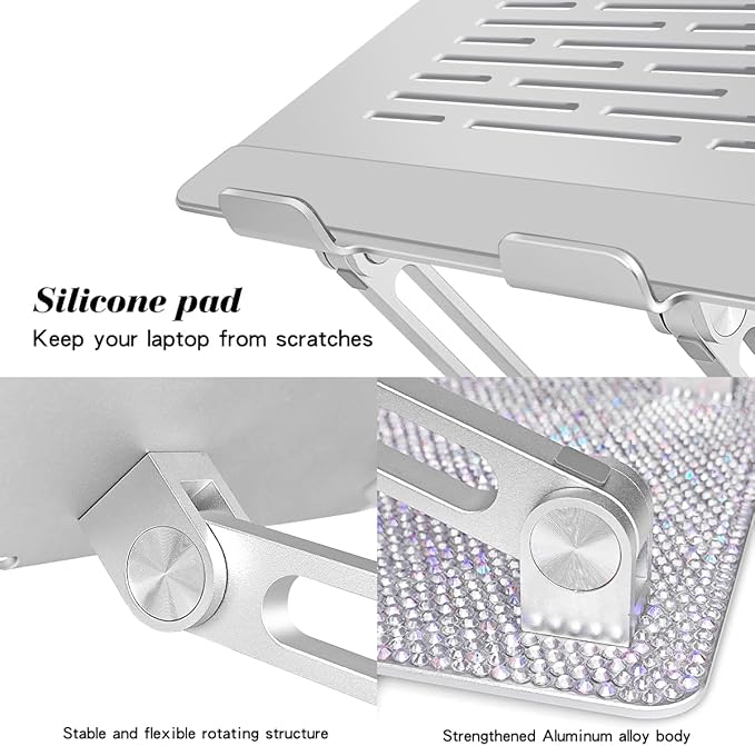 Bling Adjustable Laptop Stand, Portable Laptop Riser, Aluminum Laptop Stand for Desk Foldable, Computer Notebook Stand Holder for MacBook Air Pro, Dell XPS, HP (10-17.3'') - Silver