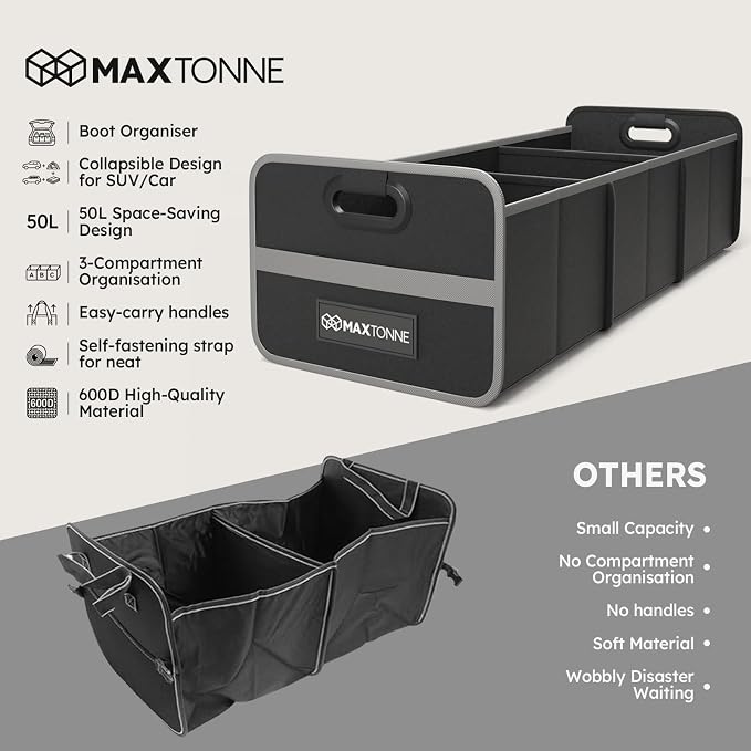 50L Car Trunk Organizer, Heavy-Duty 600D Oxford Collapsible Storage Box with 3-Compartments & Securing Straps, Foldable Organizer for SUV/Sedan/Truck, Car Accessories Storage