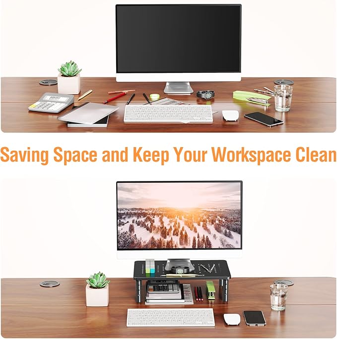 ELIVED 2 Pack Monitor Stand Riser - 3 Height Adjustable Monitor Stand for Laptop, Computer, PC, Printer, Mesh Metal Monitor Riser for Desktop Organizer.