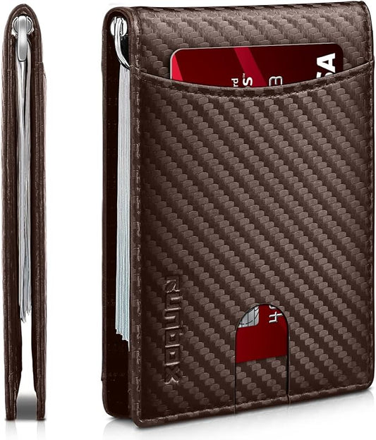 RUNBOX Slim Wallet for Men Genuine Leather RFID Blocking Bifold Minimalist Front Pocket Mens Wallet with Money Clip Thin Gift Box