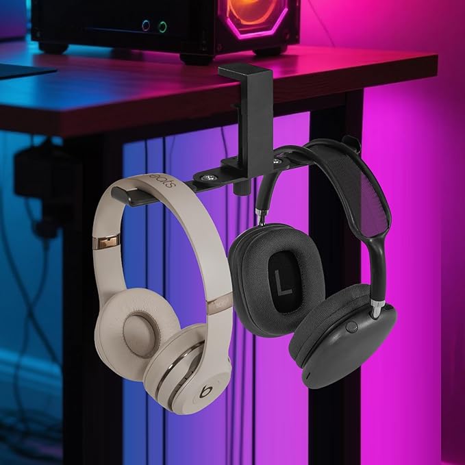 2 Hooks Aluminum Foldable Headphone Holder for Desk, Headset Stand for Desk,Backpack Holder Hook for Desk,Table Bag Hook,Under Desk Clamp Hook for Gaming PC Accessories,Black