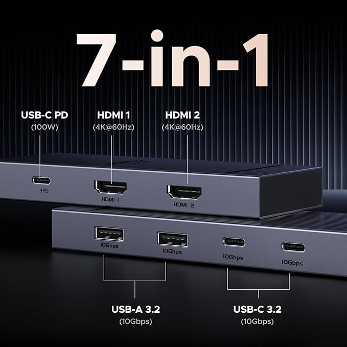 UGREEN 7 in 1 Docking Station Dual Monitor, USB C Hub Dual 4K@60Hz HDMI Display, 10Gbps USB-A/C Data Ports, 100W PD, Aluminum Revodok Pro Laptop Docking Station for HP, Thinkpad, Dell and More