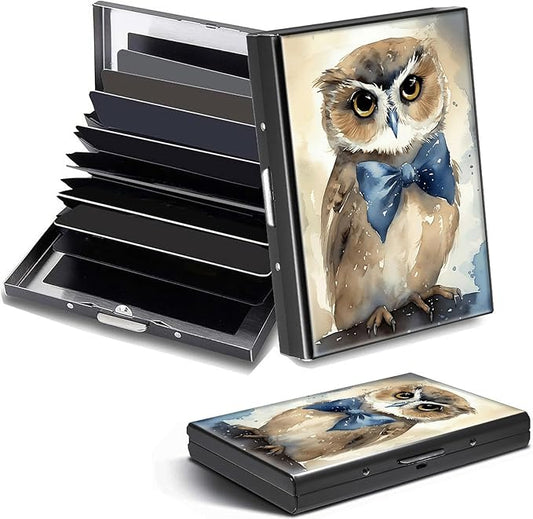 Credit Card Holder, Watercolor Owl Design Mini RFID Blocking Aluminum Wallet Slim Metal Hard Case Shell Travel Wallet ID Case Small Credit Cards Case Business Cards for Women Men Girls