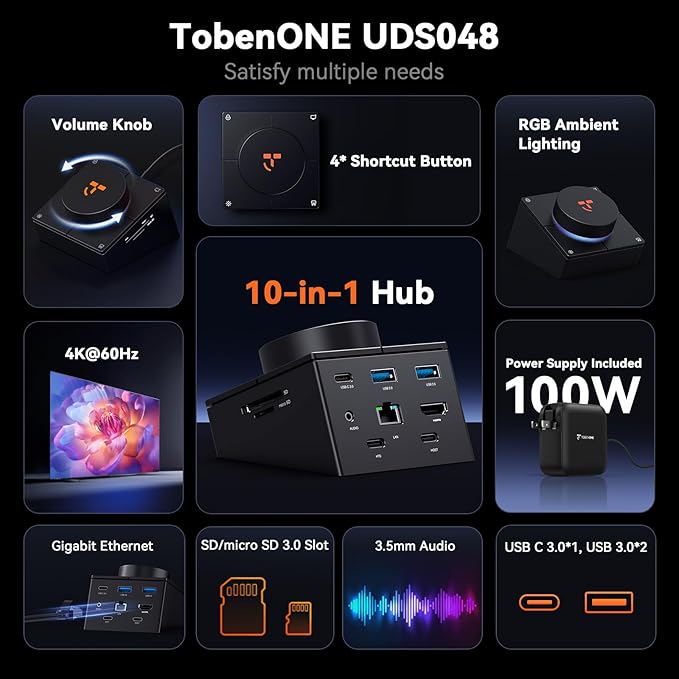 TobenONE 10-in-1 Shortcut-Key Docking Station with 4 Shortcut Button and Volume Knob, USB C Dock with 4K@60Hz HDMI, 100W PD, 3 USB, Ethernet, Audio, SD/microSD for MacBook, Windows, Chrome, Mac mini