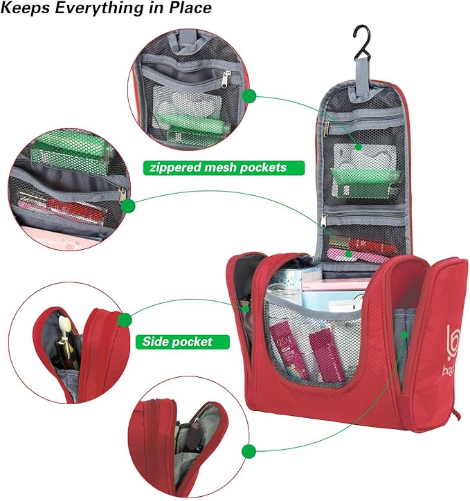 Bago Travel Toiletry Bag for Women and Men X-Large Waterproof Hanging Large Toiletry Bag for Bathroom and Travel Bag for Toiletries Organizer -Travel Makeup Bag (Red)