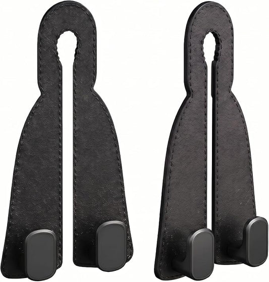 2 Pack Leather Car Seat Back Double Hooks - Heavy Duty Metal Core Headrest Hangers for Purses, Bags & Groceries - Anti-Drop & Scratch-Free Auto Interior Organizer Holder (Black)