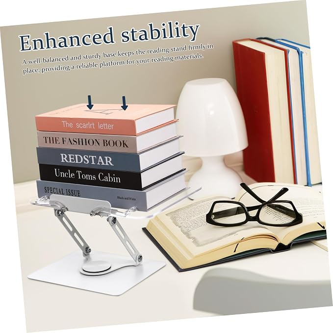 NUOBESTY Adjustable Height Clear Book Stand for Reading Rotating Desktop Holder for Textbooks Laptops and Tablets Ergonomic Design Page Clips and Construction