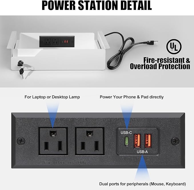 Under Desk Drawer Storage with Lock, Metal Undermount Table Drawer, Ball Bearing Slides Out Tray Organizer for Paper, Pencil, and Laptop,16"x11.8"x3.6", Black With Power Strip