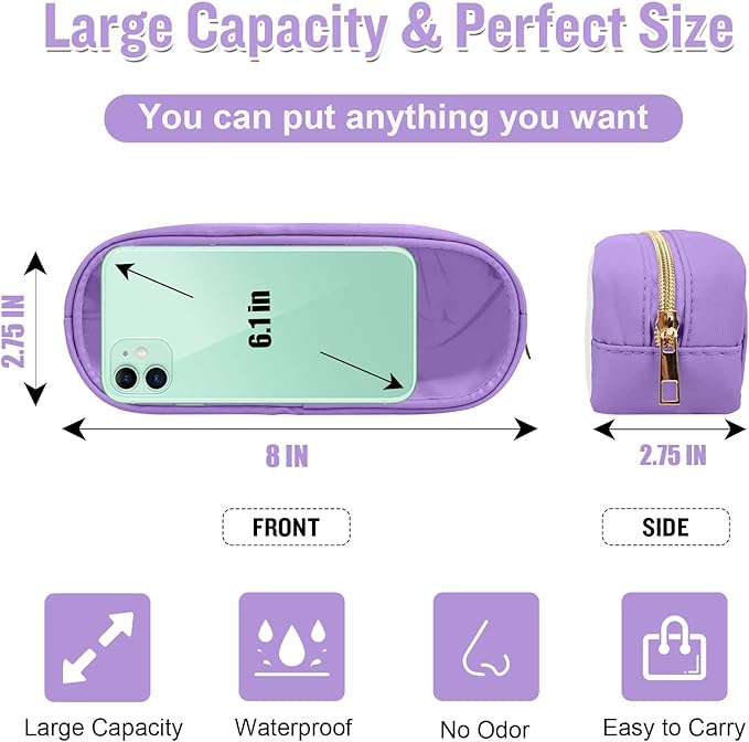 Nylon Small Clear Makeup Bag Slim Pencil Pouch, Cute Makeup Bag Preppy Cosmetic Zipper Pouch Pencil Case for Purse, Travel PVC Toiletry Bag Clutch Coin Pouch Makeup Organizer for Women Girls(Purple)