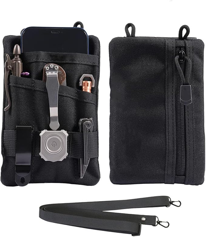 Pocket Tool Pouch 7x5 inch Multipurpose EDC Pocket Organize Mini Tool Pouch with Zipper and Strap for Flashlight/Pocket Knife, Pen (Black)