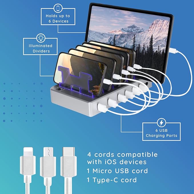 Charging Station for Multiple Devices, 6-Port USB Fast Charger with 6 Mixed Cables, Multi-Device Charging Dock for iPhone, iPad, Android Phones, Tablets, Kindle (Silver, Desktop & Wall Mount)