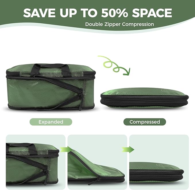 8-Piece Compression Packing Cubes for Travel, Trendy Luggage Organizer Set for Young Travelers, Space Saving for Carry-On, Suitcase, Vacation & Weekend Trips - Avocado Green