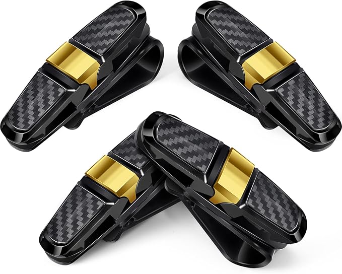 Boao 4 Pcs Sunglasses Holders for Car Sun Visor, Glasses Ticket Card Clip Mount Hanger, Double-Ends Clip 180 Degree Rotational Car Visor Accessories(Gold)