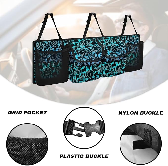 Blue Turtle Print Car Trunk Organizers for Women Foldable Magnetic Cover Backseat Cargo Storage Bag with Elastic Net SUV, Truck, MPV Car Accessories