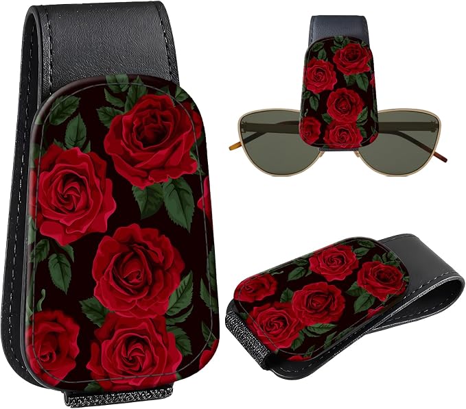 Leather Magnetic Sunglass Holder for Car Sun Visor, Cute Eyeglass Ticket Card Hanger Clip, Universal Auto Interior Accessories for SUV Pickup Truck, Red Rose