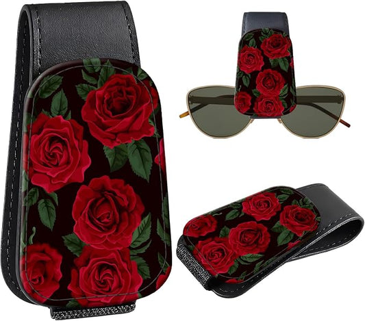 Leather Magnetic Sunglass Holder for Car Sun Visor, Cute Eyeglass Ticket Card Hanger Clip, Universal Auto Interior Accessories for SUV Pickup Truck, Red Rose