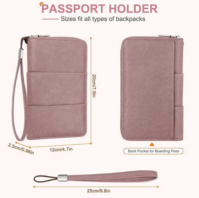 Family Passport Holder Wallet with Zipper, RFID Blocking Travel Document Organizer, PU Leather Passport Wallet for Women Men, Passport Cover Travel Wallet for Boarding Pass, ID, Money, Ticket