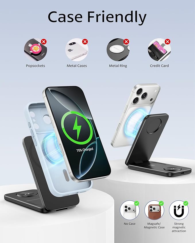 3 in 1 Magnetic Wireless Charging Station for Apple Devices, MagSafe Compatible Foldable Travel Charger Stand for iPhone 17/16/15/14/13/12 Series, Apple Watch Ultra/10/9/8/7/6/SE & AirPods Pro/4/3