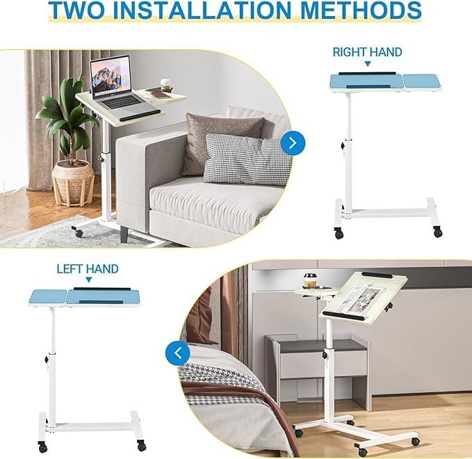 Panta Height Adjustable Rolling Laptop Stand, Overbed Table with 2 Tilting Desktops, Mobile Laptop Table for Couch with Cup Holder, Mobile Computer Workstation for Office, Home and Hospital,Maple