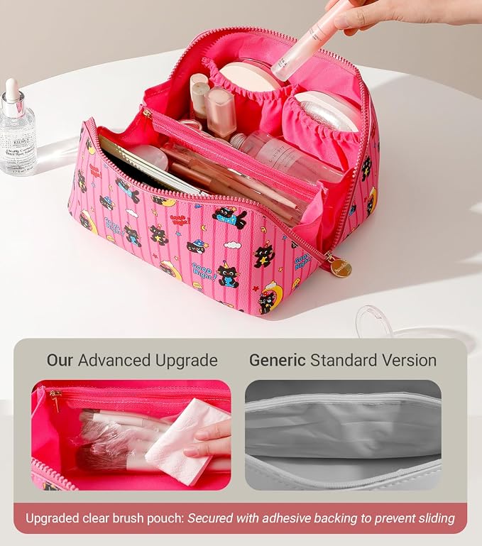 Aveniee Travel Makeup Bag for Women, Large Cosmetic Organizer with Open-Flat Design, Clear Divider & Handle - Waterproof PU Leather Toiletry Case (Moon Cat Pattern)