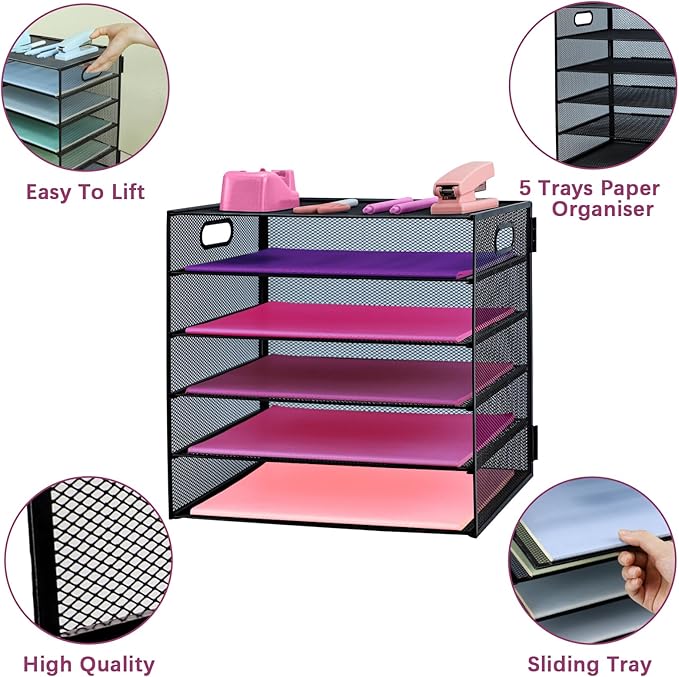 5 Tier Lettrer Tray Organizer, Metal Mesh Desk File Organizer with Sliding Trays, Paper Sorter Desk Organizer for Home Office School, Black