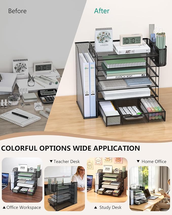 WALI Desk File Organizer, 6 Tier Desktop Paper Letter Tray Organizer with Drawer and 2 Pen Holders, Office Desk Accessories & Workspace Organizers for Office, Home Supplies(DO007DH-B), 1 Pack, Black