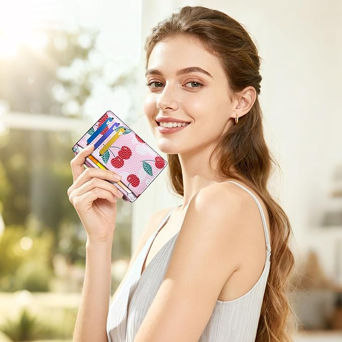 Tipmile Credit Card Holder for Women Slim Minimalist Front Pocket RFID Blocking Wallet Small Compact Card Case with ID Window, Cherry Berry