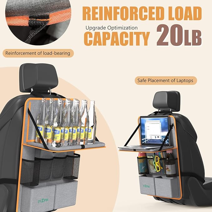 Plzpik Car Backseat Organizer with Tablet Holder,11 Storage Pockets with Foldable Food Tray, Protector Kick Mats for Kids, Travel Accessories Organizer (Orange, 1Pack)