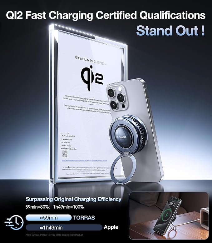 TORRAS PolarCircle Qi2 Wireless Charger, 15W Cooling Magnetic Pad for Samsung Galaxy S26, Wireless Charger for iPhone 17/16/15/14 with 360°Spin Stand, Semiconductor Game Cooler, with 5ft Type-C Cable