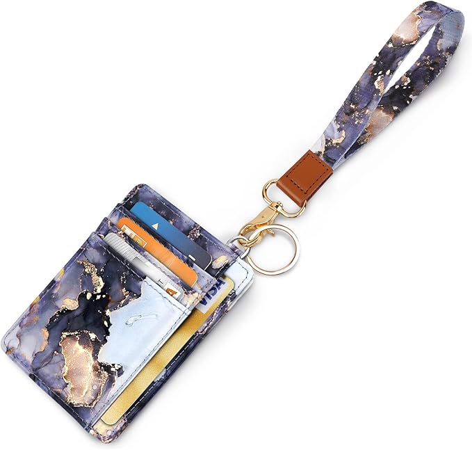 Coco Rossi Slim Front Pocket Wallet RFID ID Card Holder Cute Small Wallet with Wrist Lanyards Key Chain Holder for Women,Grey Marble