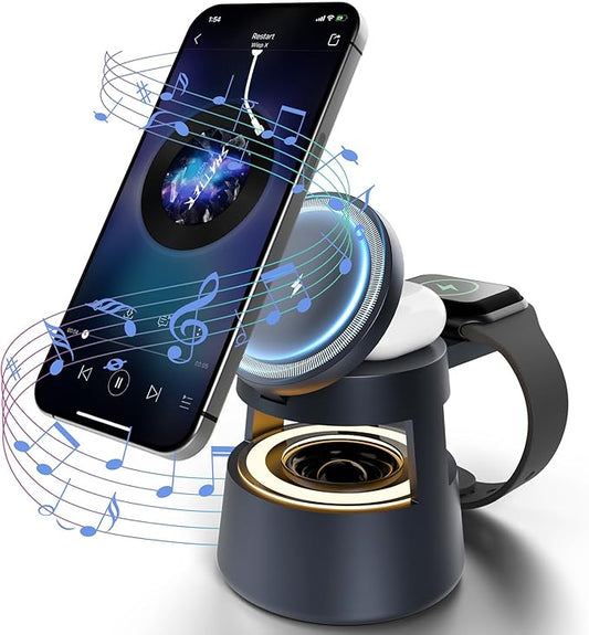 5 in 1 Magnetic Wireless Charger Bluetooth Speakers and Night Light for Apple Mag Safe iPhone 17 16e 16 15 14 13 12 Pro Max iWatch and AirPods Fast Charging Station Gift Ideal for Men Teenage Boys