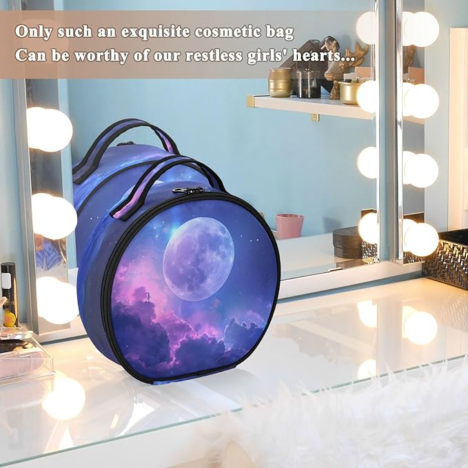senya Round Cosmetic Pouch Travel Makeup Train Case Starry Sky Makeup Organizer Bag with Adjustable Dividers Portable for Cosmetics Makeup Brushes Toiletry Jewelry Accessories