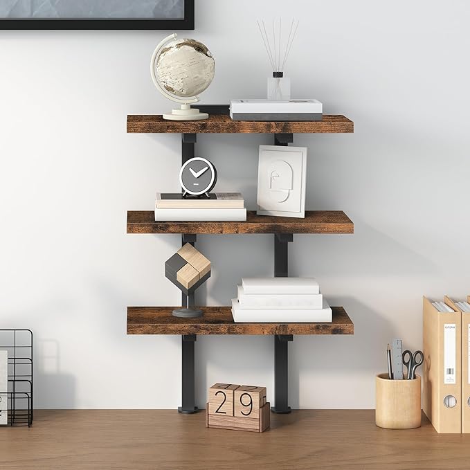 MAHANCRIS Clamp On Desk Organizer, 3-Tier Desktop Bookshelf, Adjustable Desk Storage Shelf, Metal Frame, for Office, Study and Game Room, Rustic Brown DSHR3601