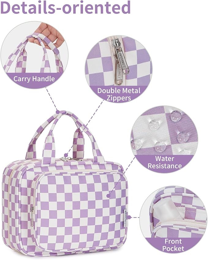 Narwey Travel Toiletry Bag for Women Large Hanging Makeup Bag Organizer Toiletries Bag for Full Size Essentials Accessories Cosmetics (Purple Checkerboard (Large))