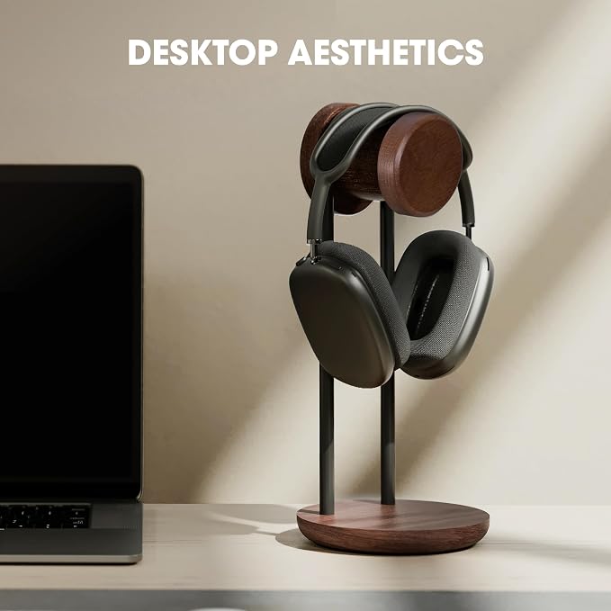 Fenge Headphone Stand for Desk, Nature Wood & Metal Headphone Holder with Storage Base, Desktop Headset Stand for Gaming Universal Headphones, Walnut