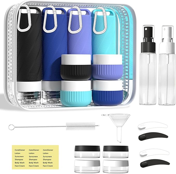 26 Pcs TSA Approved Travel Toiletry Bottles Set, Leakproof Silicone Refillable Travel Containers with Hanging Hole & Carabiner, Portable Essentials, for Shampoo Conditioner Lotion Body Wash