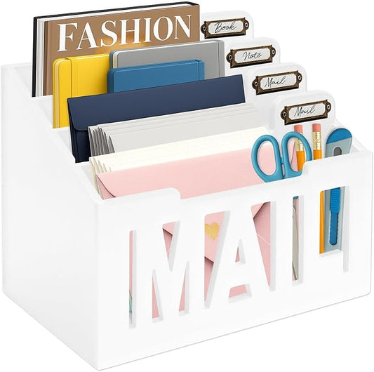Mail Organizer Countertop – White Holder for Desk with 4 Slots & Label Tags, Decorative Desktop Sorter, Bill Storage and Envelope Tray for Organized Home Office Accessories (11x7x8 in)