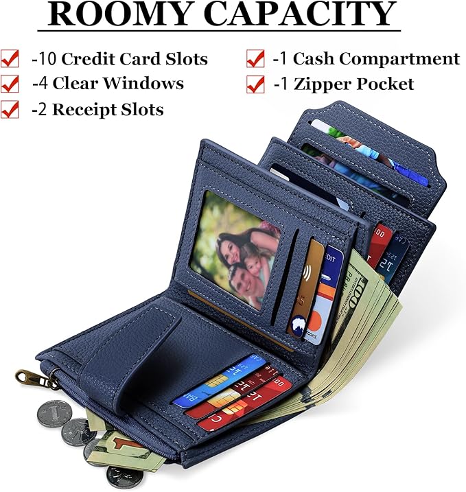 Airkit Small Wallet Women RFID Blocking Soft Leather Bifold Compact Card Holder Wallet for Women with Zipper Coin Pocket 4 ID Window
