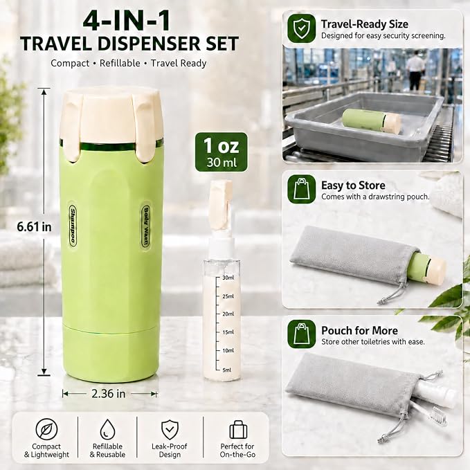 4 in 1 Travel Dispenser, Leak-Proof Travel Bottles with Storage Bag, 4 Refillable 30ml (1oz) Travel Containers for Toiletries, Portable Green Set for Shampoo, Body Wash, Lotion