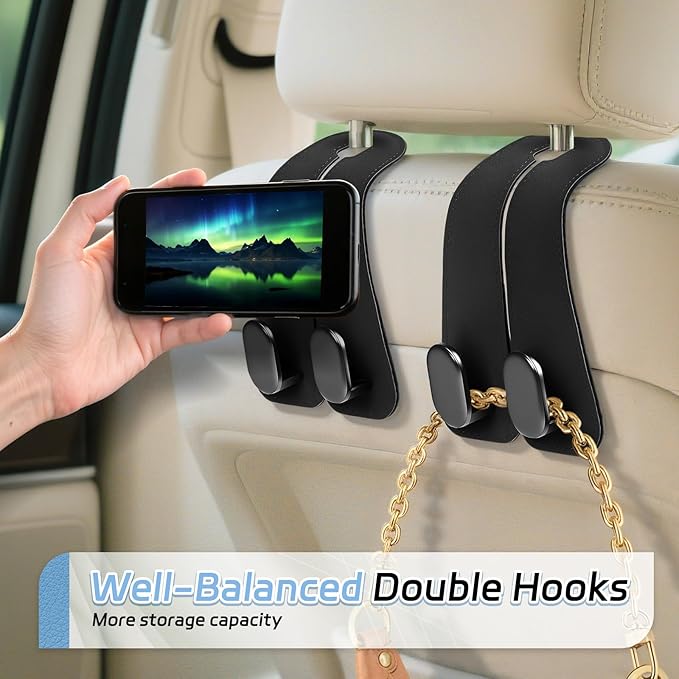 Car Seat Headrest Hooks - 2 Pack Universal Car Purse Hook, Leather Car Bag Purse Holder with Double Metal Hooks for Handbags, Grocery Bags, Bottles, Phones