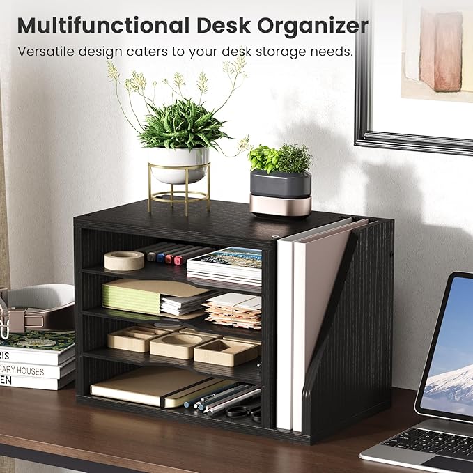 Creso hom Mail Sorter, File Organizer Desktop, Wood Desk Organizer with 3 Adjustable Shelves, Mail Holder for Office, Home, Letter Sorter File Holders for Envelopes, Mail Supplies Magazines, Black