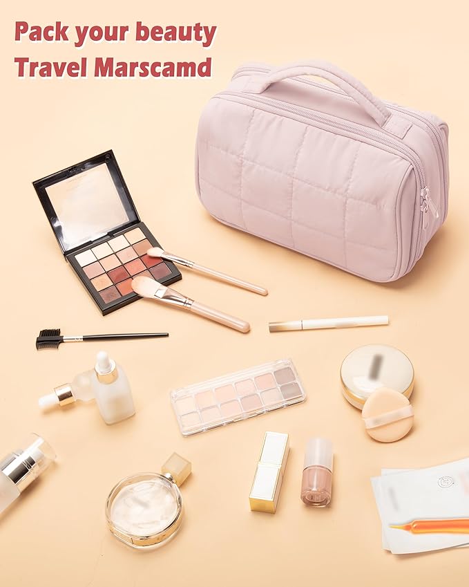 Marscamd Travel Makeup Bag for Women, Puffy Cosmetics Organizer with Waterproof Pockets, Toiletry Pouch for Makeup Brushes, Skincare & Travel Essentials, Pink (Bag Only)
