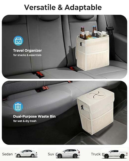 Corduroy Car Trash Can with Lid and Mesh Pockets - Leakproof Organizer,Multipurpose Waterproof Garbage Can/Trash Bin for Car(Off-White-3 Gallons)