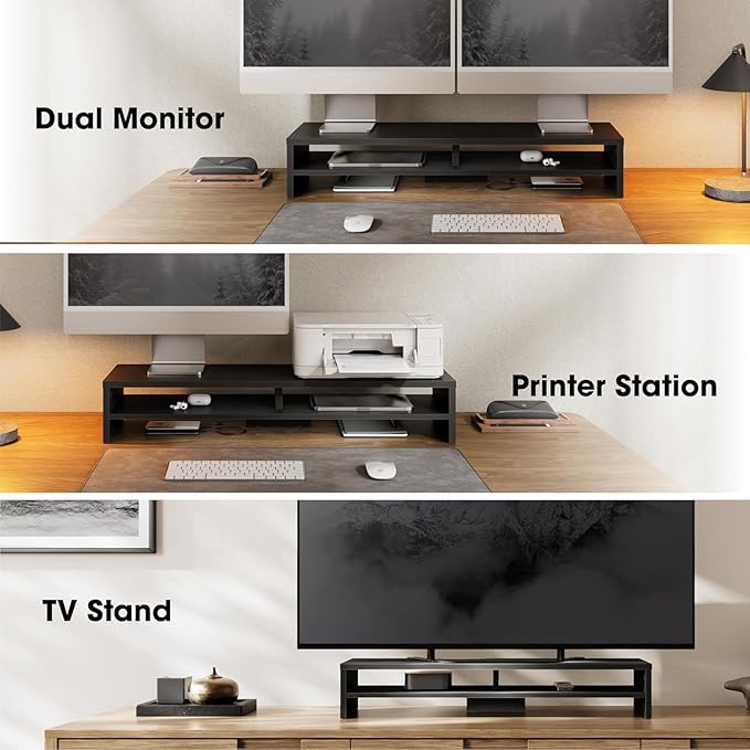 Fenge Monitor Stand, 31.5 Inch Computer Monitor Riser for Desk, 2 Tiers Wood Desk Shelf with Storage, Desktop Organizer for PC, Laptop, Screen, Printer