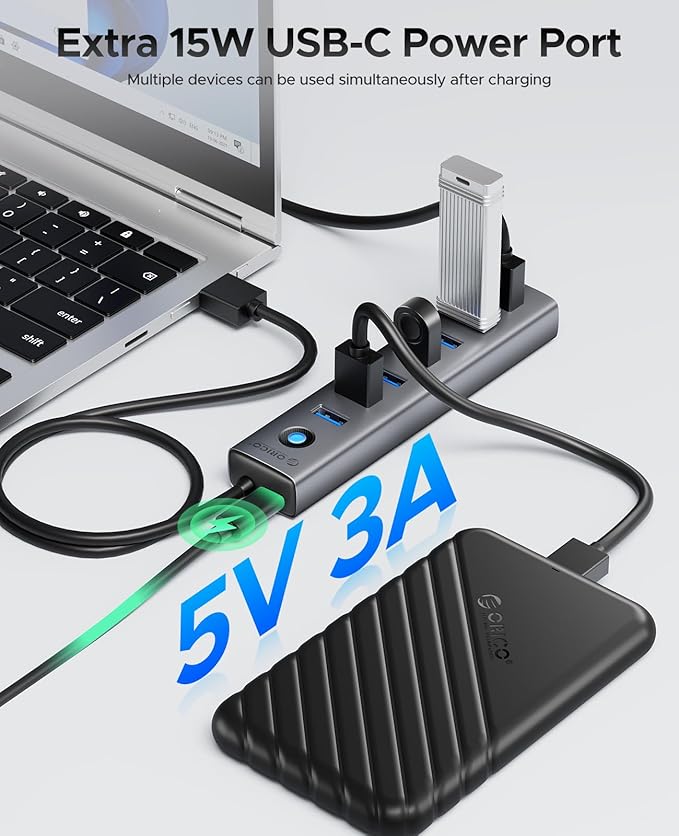 ORICO 7-Port USB 3.0 Hub, Aluminum USB Multiple Adapter, 5Gbps USB Extender USB Splitter with 3.28Ft Cable, UBS-A Hub Long Cable for Desktop, PC, Flash Drive, Mobile HDD, Windows/XPS